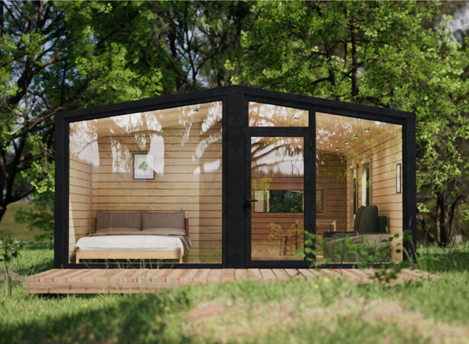 "Prefab SIP woning met moderne gevel en grote ramen" "Prefab huis interieur energiezuinige woning"